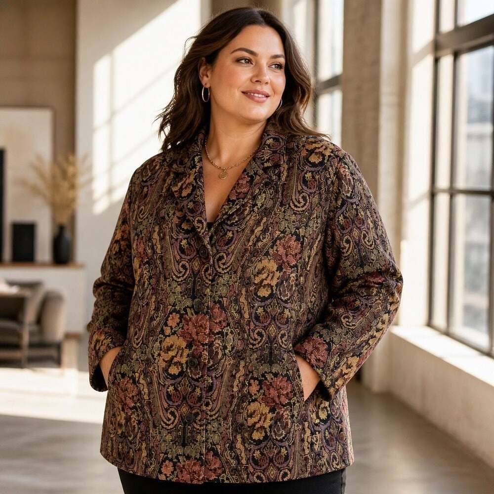 Just My Size Tapestry Floral Paisley Button Up Blazer Jacket